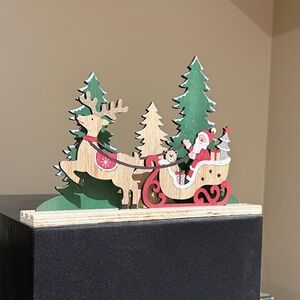 Wooden Santa Sleigh with Reindeer and Trees